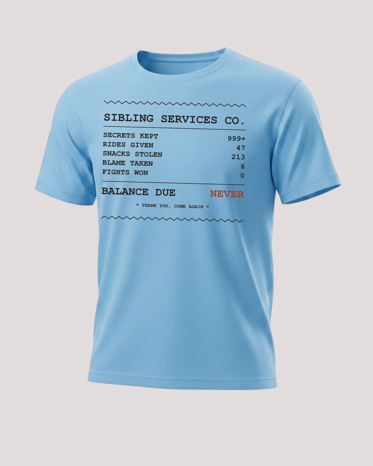 Receipt Tee in Blue — "Balance Due: Never" print, flat